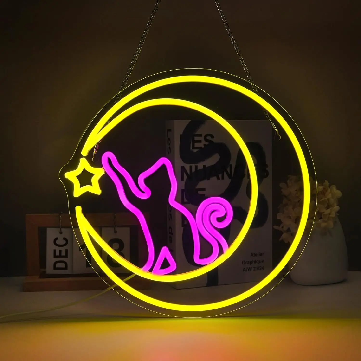 Moon Cat Neon Sign LED Wall Art USB Powered Star Hanging Decor Bedroom Living Room Nursery Aesthetic Gift Cozy Night Vibes