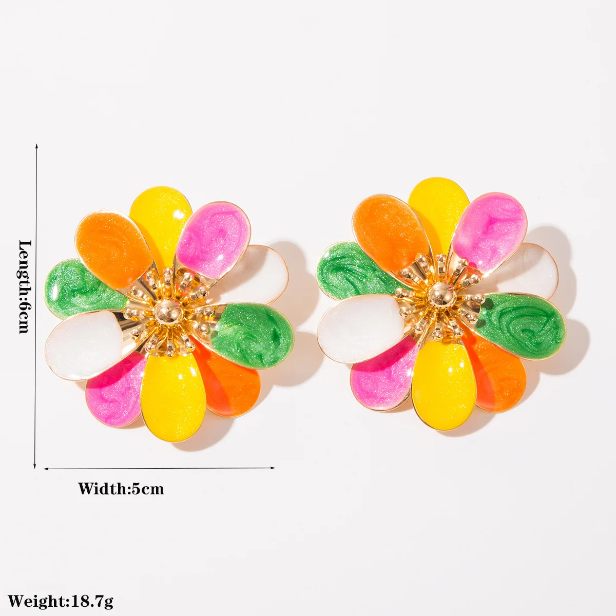 Colorful Enamel Layered Flower Stud Earrings Metallic Stamen Floral Statement Jewelry Sweet Summer Vacation Earrings For Women