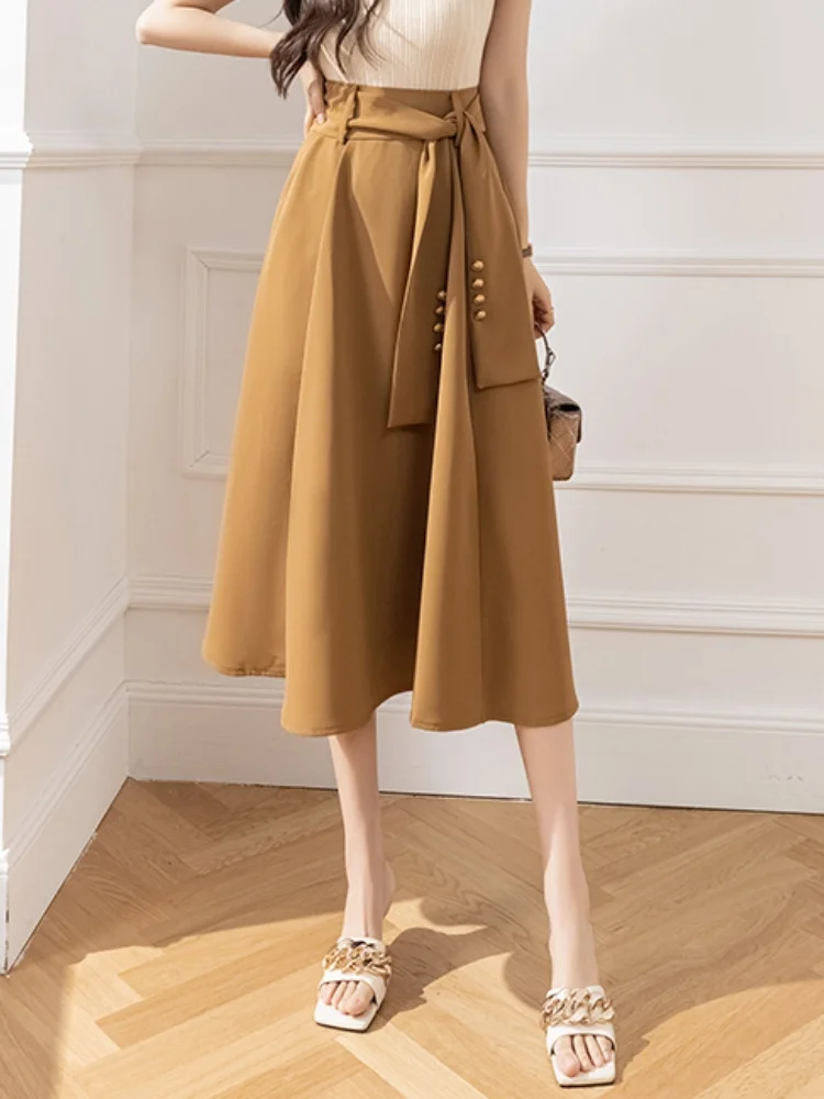 

SMTHMA Women's Slim High-Waisted Tie Up Umbrella Skirt New Fashion 2025 Autumn Solid Mid-Length Skirt Female Clothing