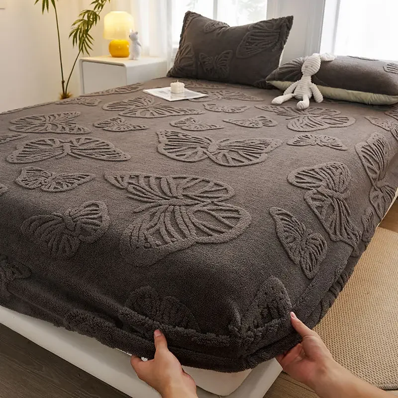 WASART Warm plush elastic fitted sheet mattress protector cover winter coral fleece couple bed linen luxury double bed bedding