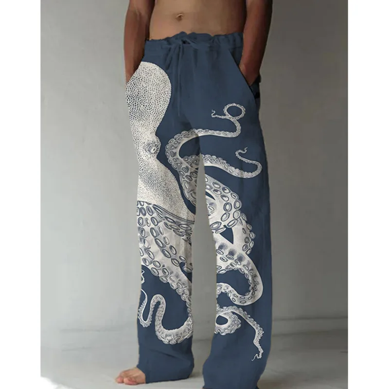 Calça masculina de perna larga estampada em polvo 3D, calça de cânhamo casual europeia e americana, tubo reto misturado, calça solta de cintura alta