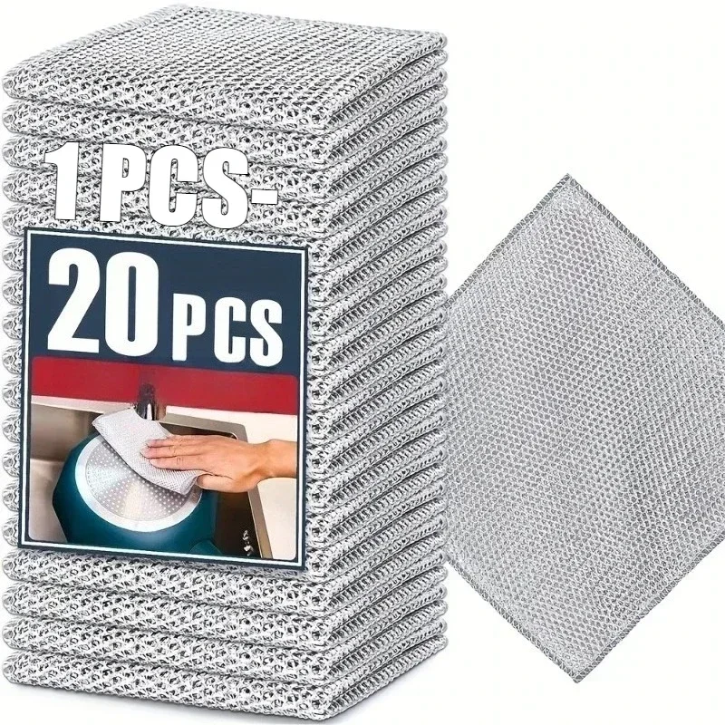 vvocci Wire Layer Metal Towels 20/1xCloths Double Cleaning Silver Wire Dishwashing Steel Kitchen Pot Pan Dish Non Stick Oil Rags