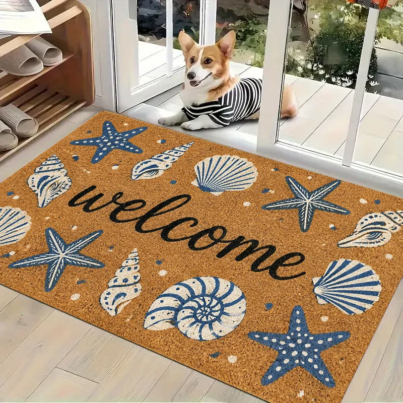 Tropical paradise themed floor rug featuring striped towel book sign and palm trees ideal for café entrances and gym foyers