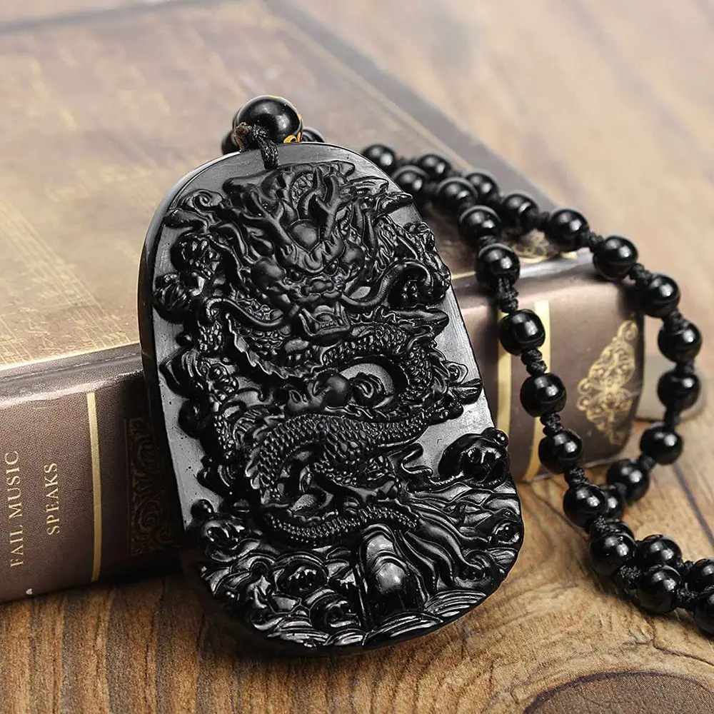 Gift for Men Fashion Women Black Stone Auspicious Beaded Chain Carved Natural Obsidian Dragon Totem Pendent Necklace