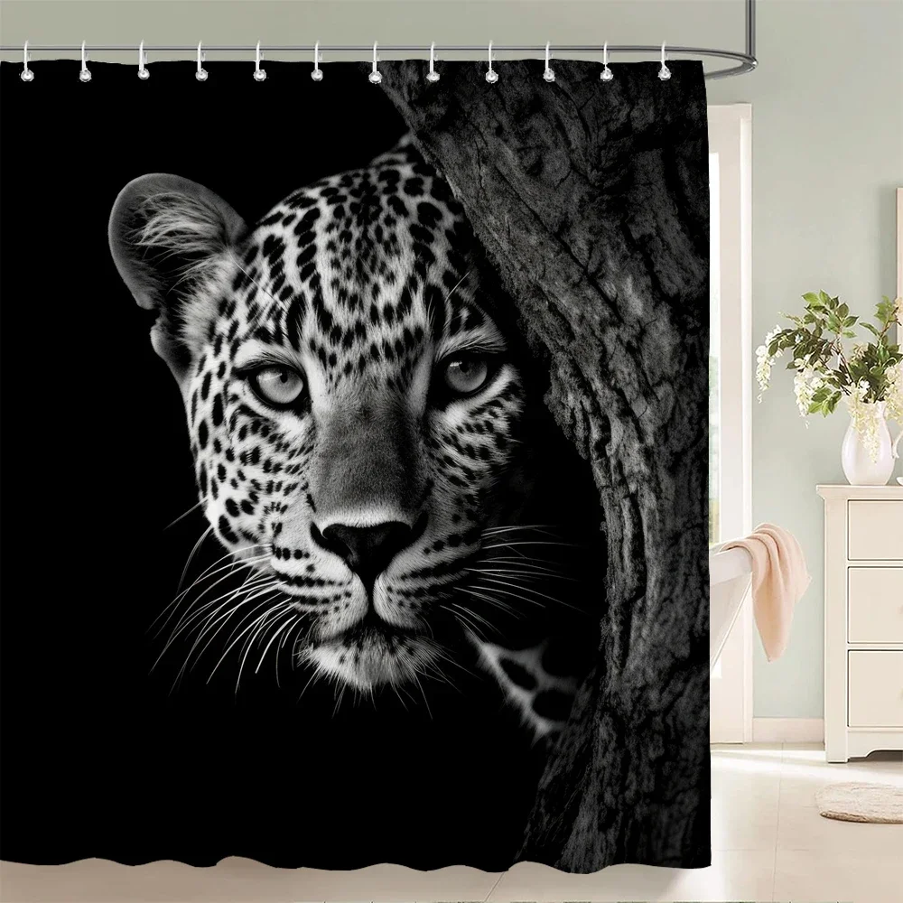 Leopard Tiger Shower Curtain Forest Animals Bathroom Polyester Fabric Home Bath Decor Accessories Hanging Curtains with Hooks