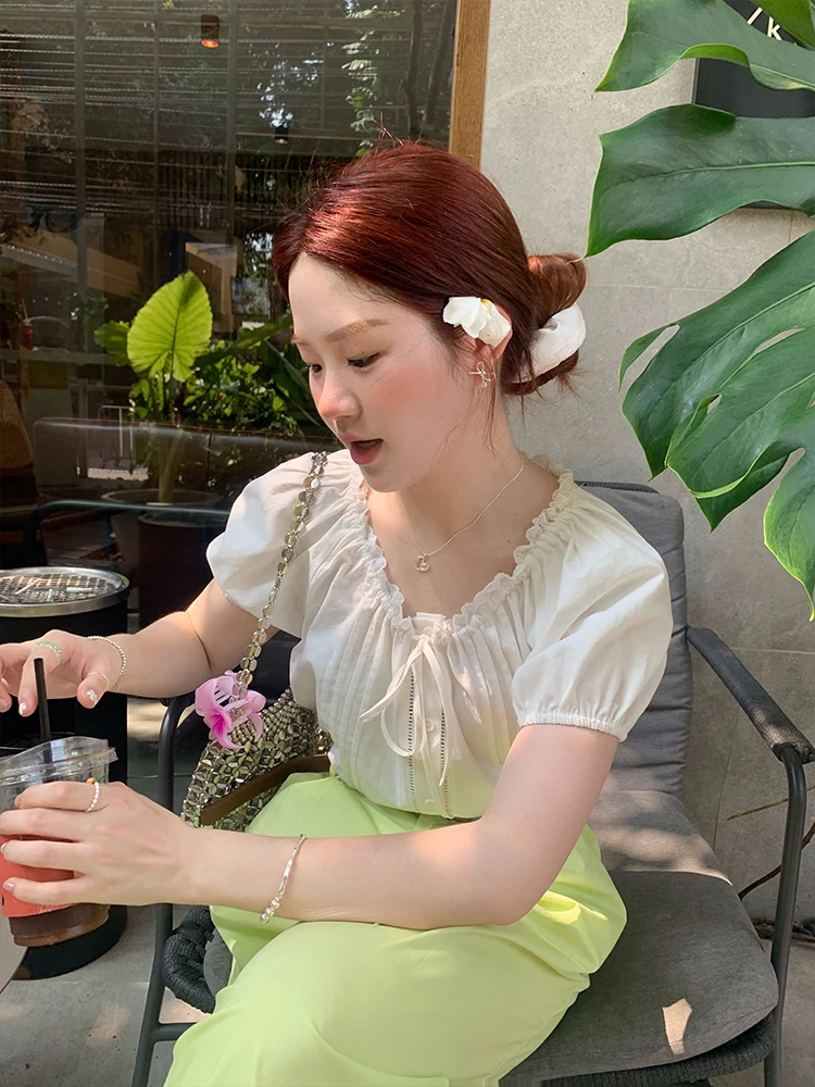 

Floral Lace Short Sleeve Women's Shirt Korean Design Lantern Sleeve Casual Loose Fit Breathable Cotton Summer Top