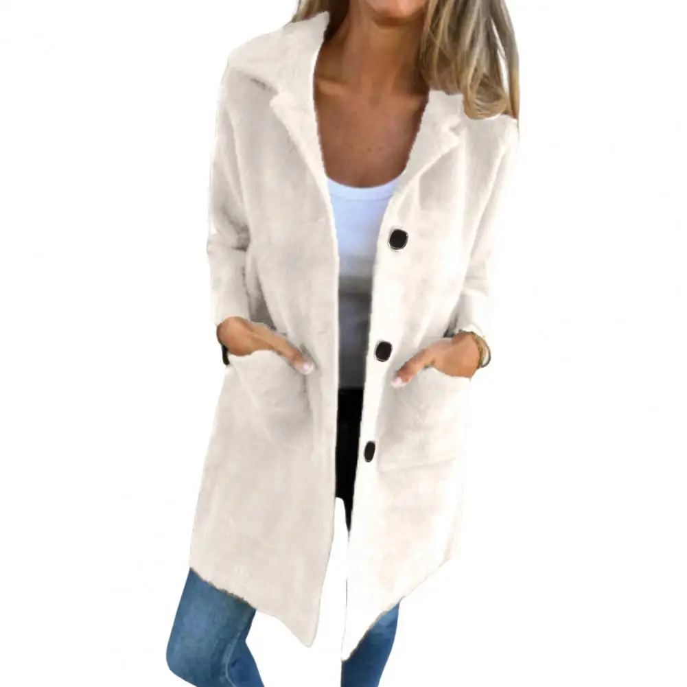 Winter Fleece Trench Jackets Women Long Sleeve Lapel Plush Coat Jackets Loose Long-Cut Coat Trend Open Button Outwear Trench