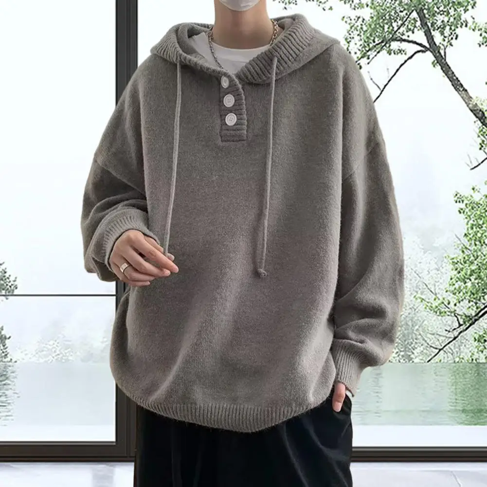 Fall Winter Men Sweater Button Hooded Loose Drawstring Knitted Sweater Loose Elastic Warm Vintage Mid Length Hoodie