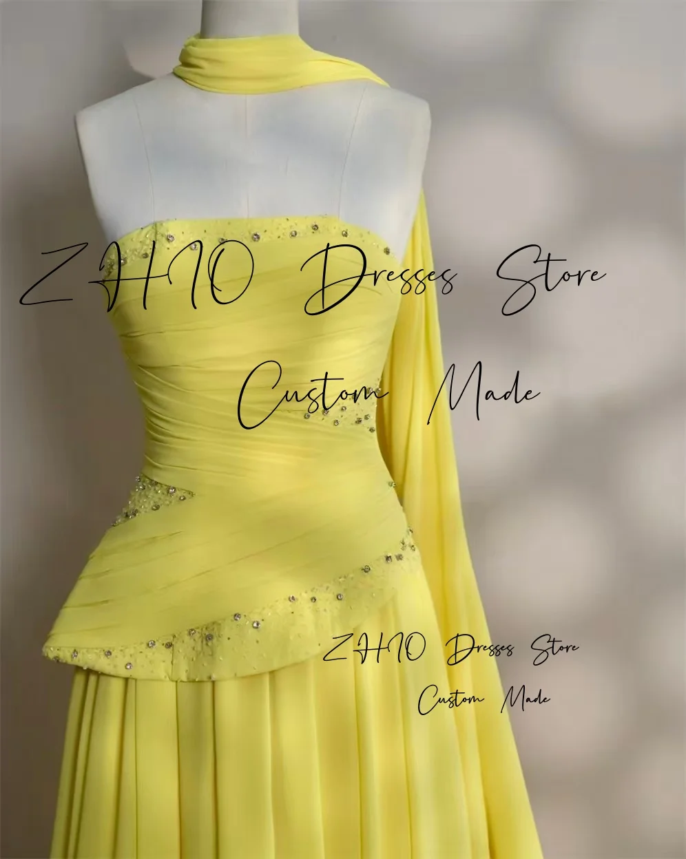 فستان ZHIO أنيق لحفلات الزفاف من الخرز الأصفر بدون حمالات مع وشاح متدرج سويب تراين فساتين الاحتفال ثوب مسائي مخصص