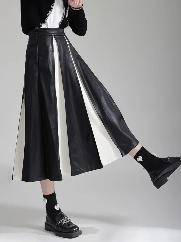 [EAM] High Waist Black Pu Leather Color-block Midi Casual Half-body Skirt Women Fashion Tide New Spring Autumn 2024 1DH2787