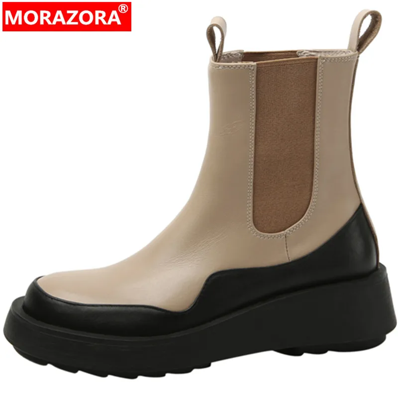 

MORAZORA 2022 Size 34-41 New Genuine Leather Chelsea Boots Woman Mixed Colors Platform Winter Ankle Boots Thick Med Heels Shoes