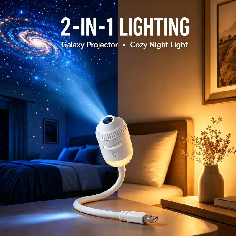 2-in-1 Galaxy Projector Night Light,USB Star Projector for Bedroom with Sliding Projection Films,Mini LED Night Light Projector