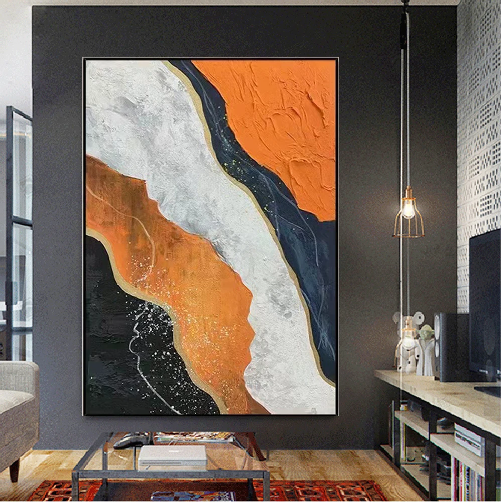 

100% Handmade Orange Canvas Paint Gold Foil Landscape Art Oil Paintings Wall Pictures Trim Back Artwork For Living Room Decor