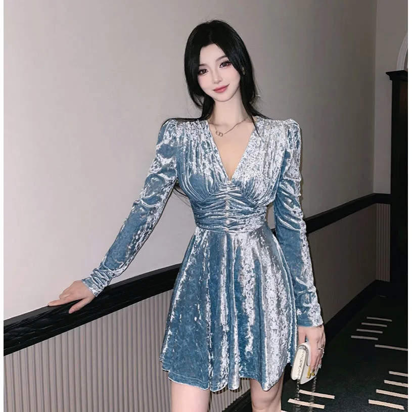 Velvet V-neck Dress for Female Waist Skirt Women Clothing Party Dresses Vestido Dress
