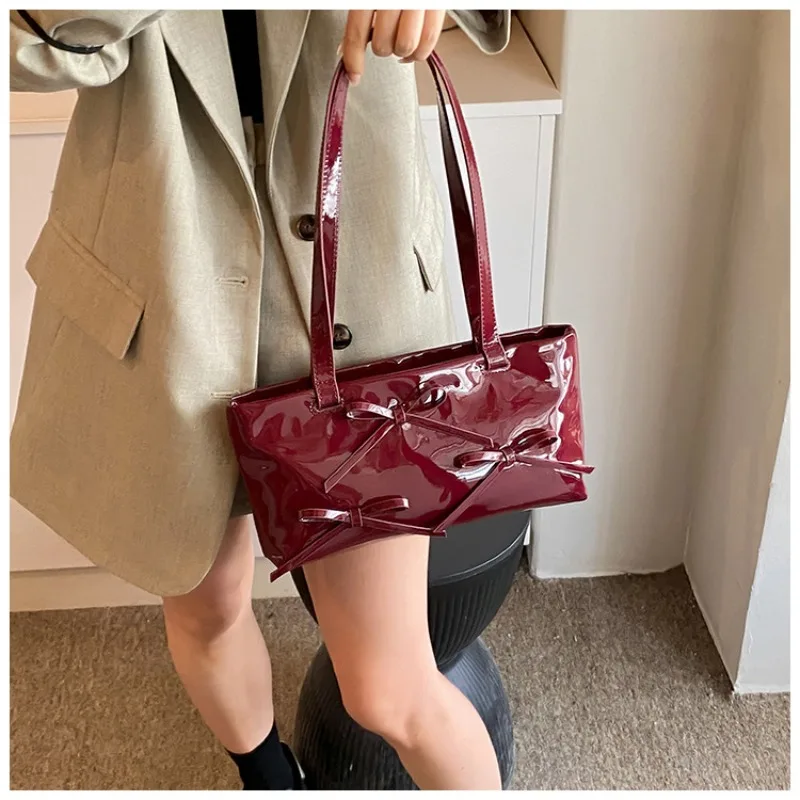 HAEX Fashion Handbags Women 2024 New Design Patent Leather Bow Elegant Underarm Shoulder Bags Luxury Y2K Silver Bolso Mujer