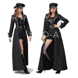 Steampunk Women Costume Set Black Double Breast Trench Coat Halloween Pirate Cosplay Medieval Ladies Swordsman Carnival Outfit