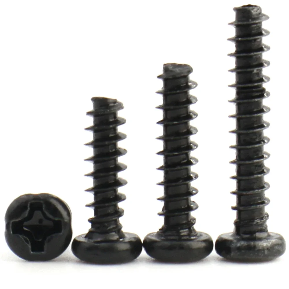 100pcs Black Carbon Steel Phillips M1 M1.2 M1.4 M1.7 M2 M2.3 M2.6 M3 M3.5 M4 M5  Cross Recessed Pan Head Self-tapping Screw