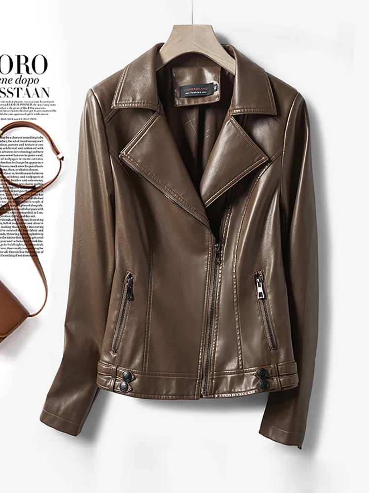 Giacca da Moto Donna Slim Fit in Vera Pelle di Pecora Primavera 2025, Corta, per Pendolarismo, con Chiusura a Cerniera e Maniche Lunghe