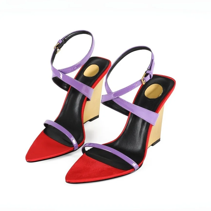 Ankle Strap Mixed Colors Pointed Toe Summer Women Sandals Wedges High Heels Buckle Strap Design Large Size Fashion Show Shoes