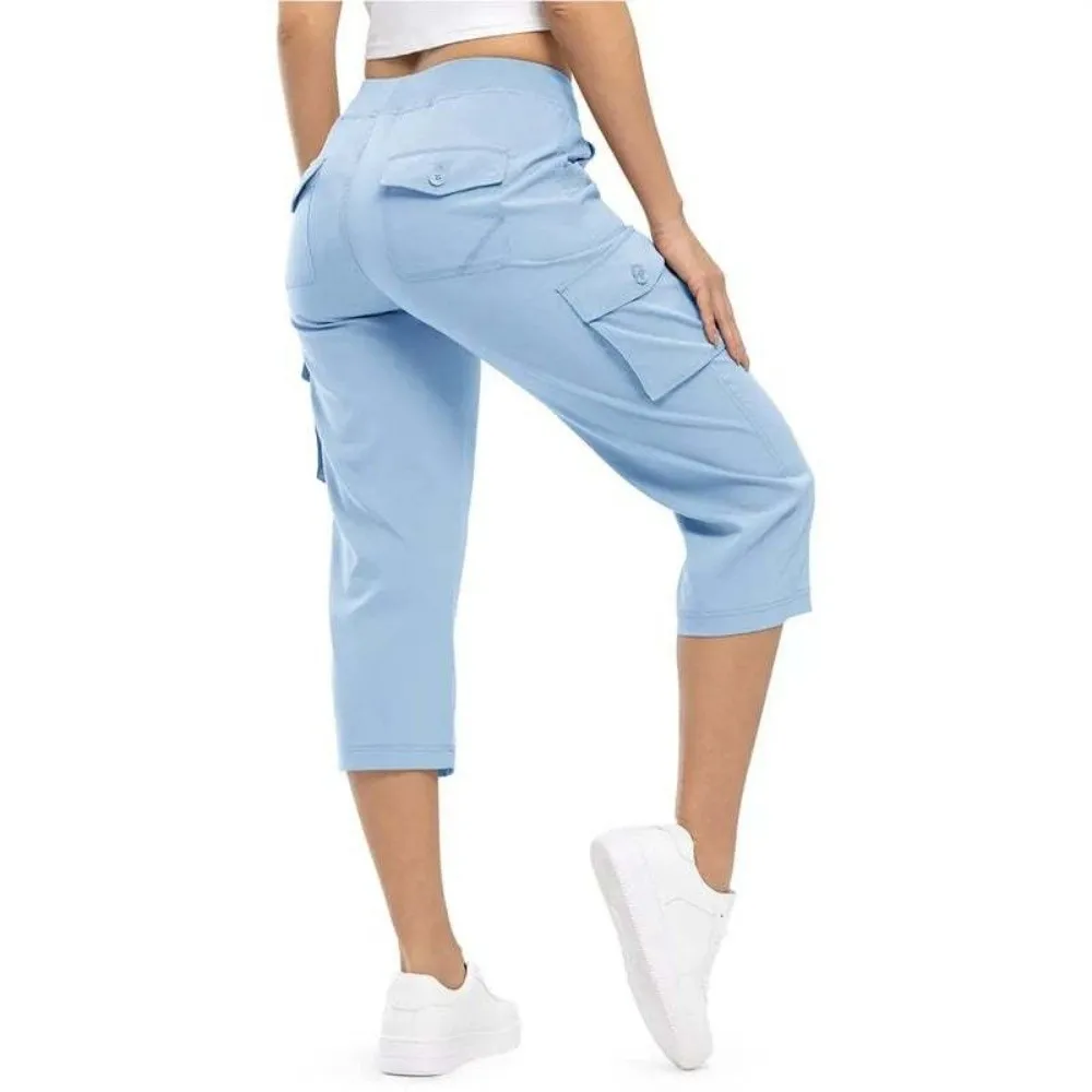 Quick Dry Fabric Women’s Hiking Pants Elastic Waistband Lightweight Feel Capri Pants Multiple Pockets Relaxed Fit Cargo Pants
