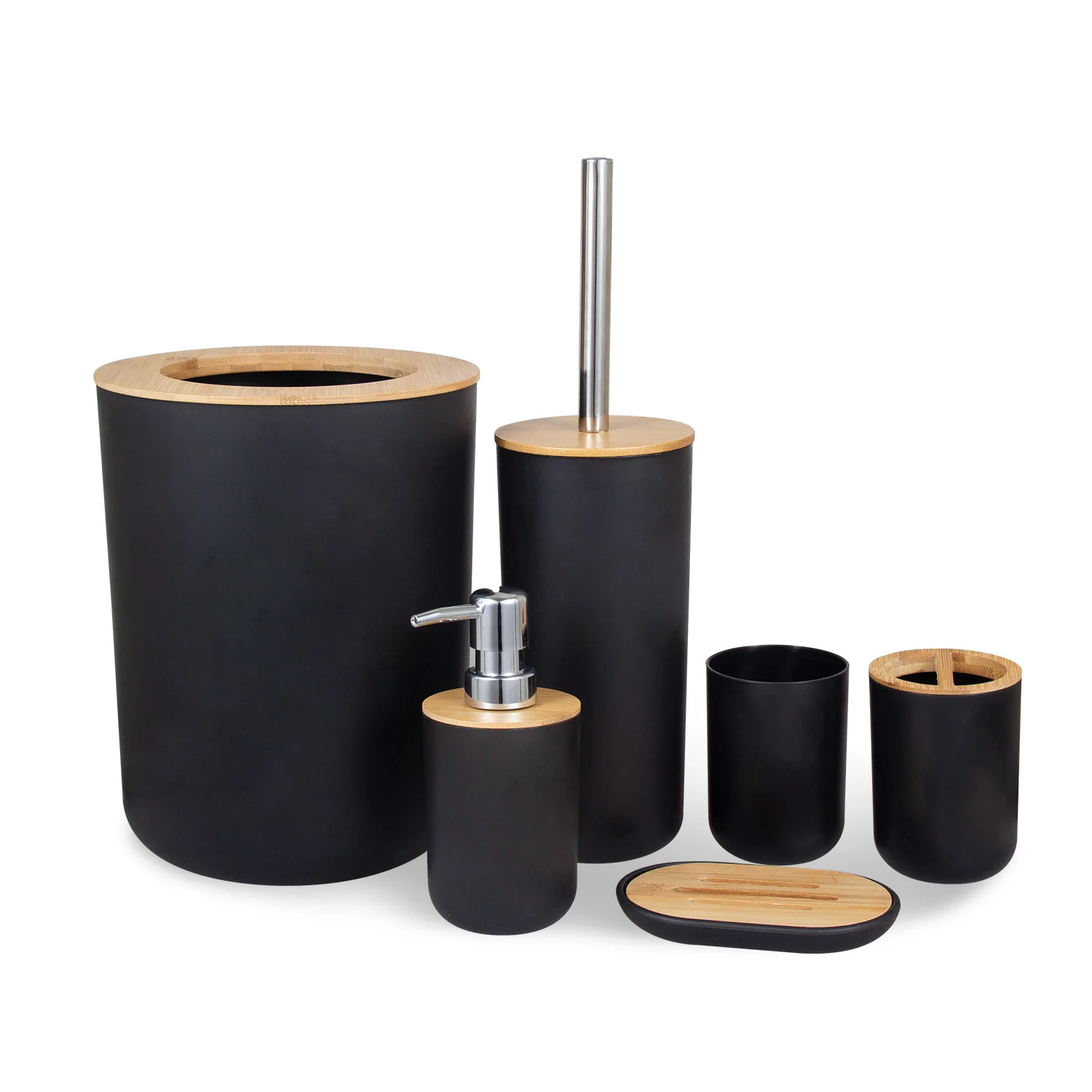 Bathroom Accessories Set Resin and Wood Soap Lotion Dispenser Soap Dish Toothbrush Holder Tumbler Pump Bottle Cup Black or White