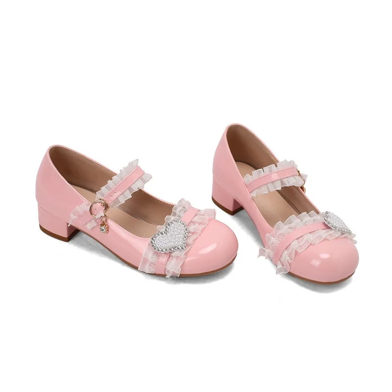 Sweet Lolita Cosplay Mary Jane Shoes Ladies Patent Leather Mid Heel Pearl Bow One Strap Plus Size Princess Party Dress Pumps