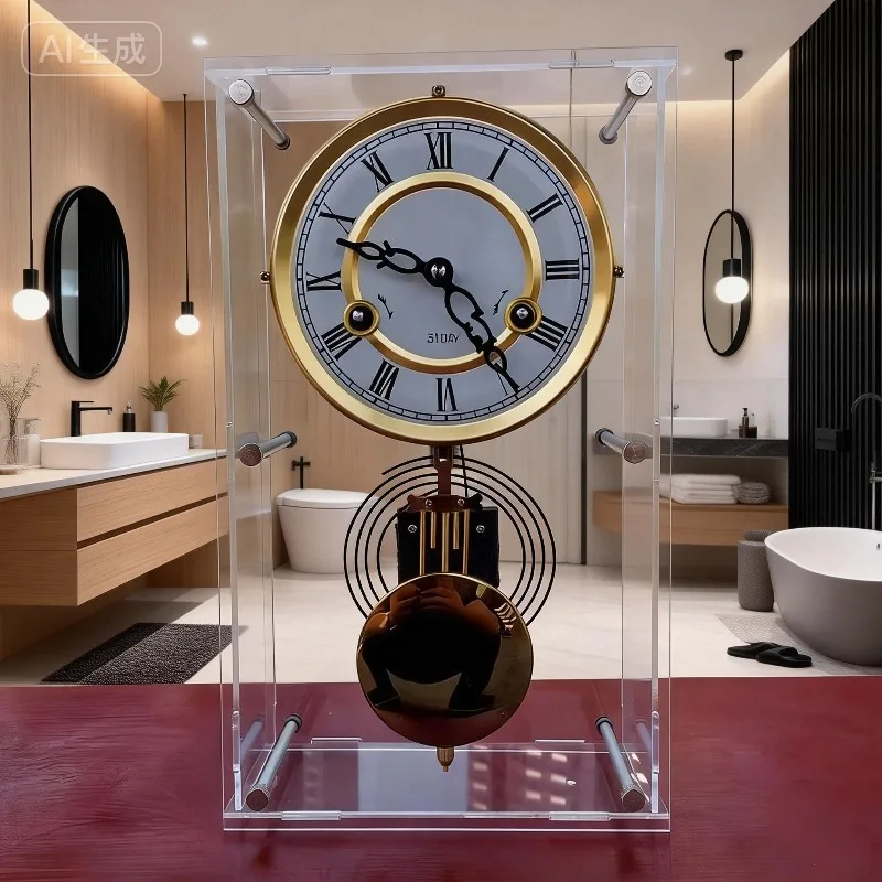 Nordic Mechanical Clock Retro Transparent Desktop Clocks Pendulum Pure Copper Movement Bedroom Watch Vintage Home and Decoration