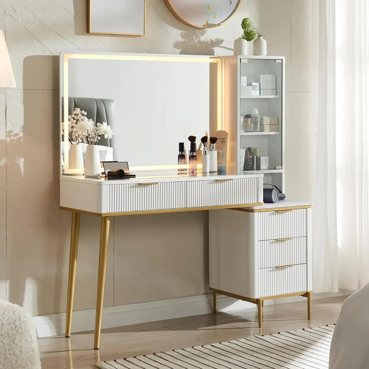 

Makeup Vanity Desk with 36" HD Lighted Mirror, 48" Big Modern Vanity Desk with Mirror and Lights, Dressing Table , White