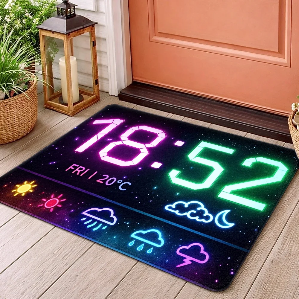 Digital Clock Door Mat, Neon Time & Weather Icons, Black Tech Entrance Rug, Non-slip Floor Mat, Modern Gamer Room Decor