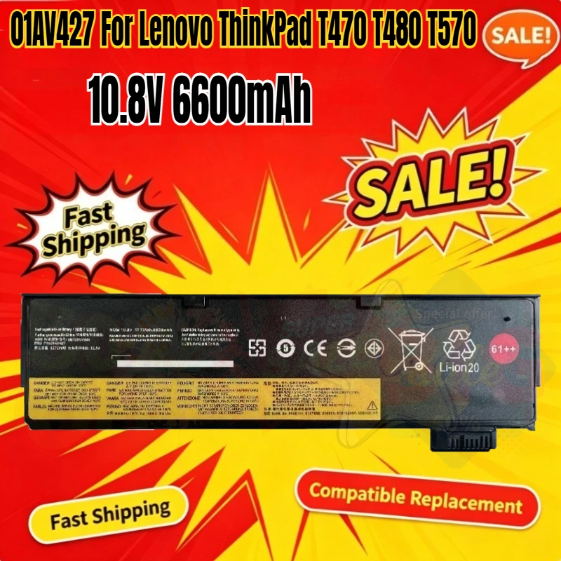 01AV427 10.8V 6600mAh 72Wh Laptop Battery For Lenovo ThinkPad T470 T480 T570 T580 P51S P52S 01AV428 01AV492 01AV423 SB10K