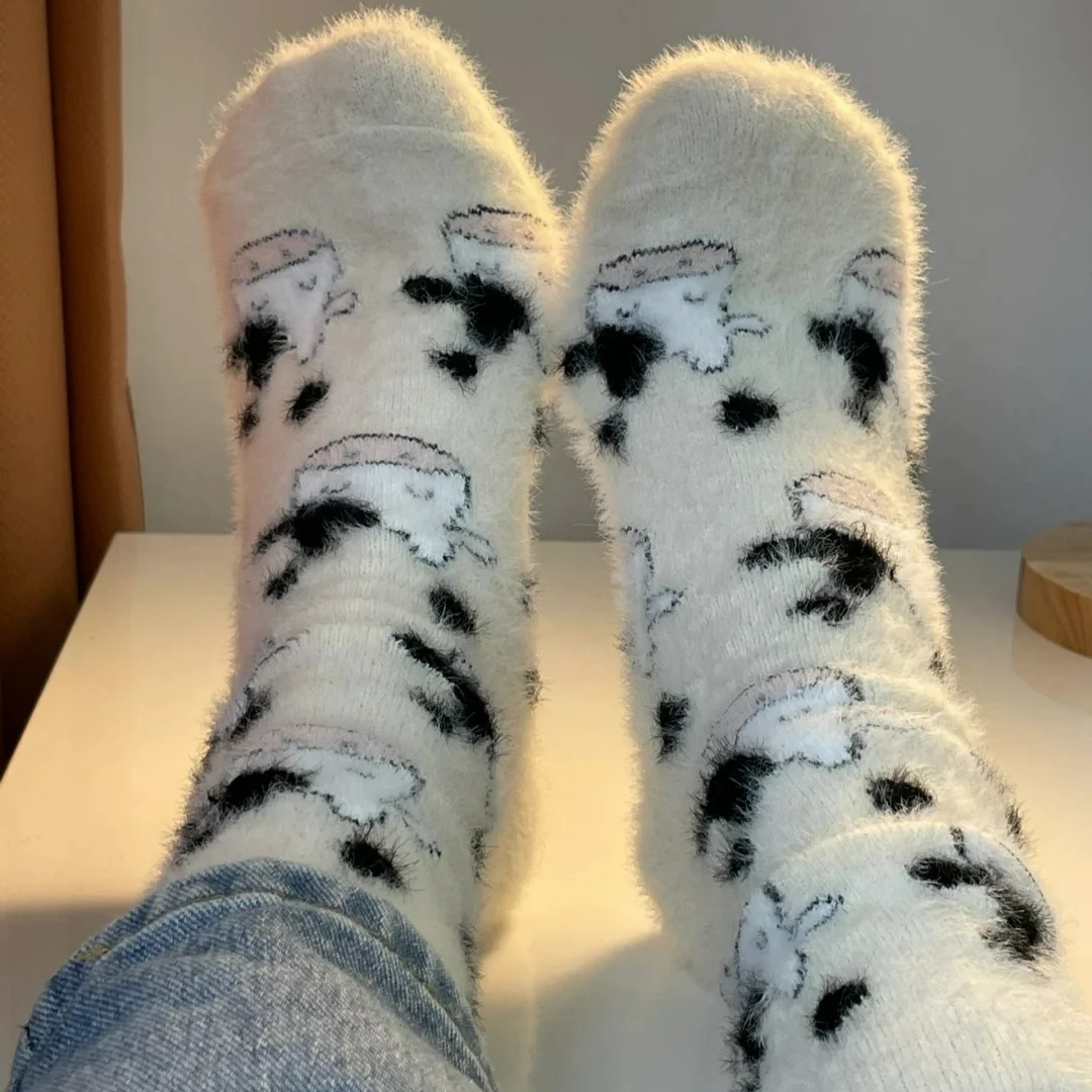 

New Plush Cow Printed Socks for Women Warm Velvet Thicken Mid Tube Sockings Cute Cartoon Autumn Winter Casual Animal Coral Socks