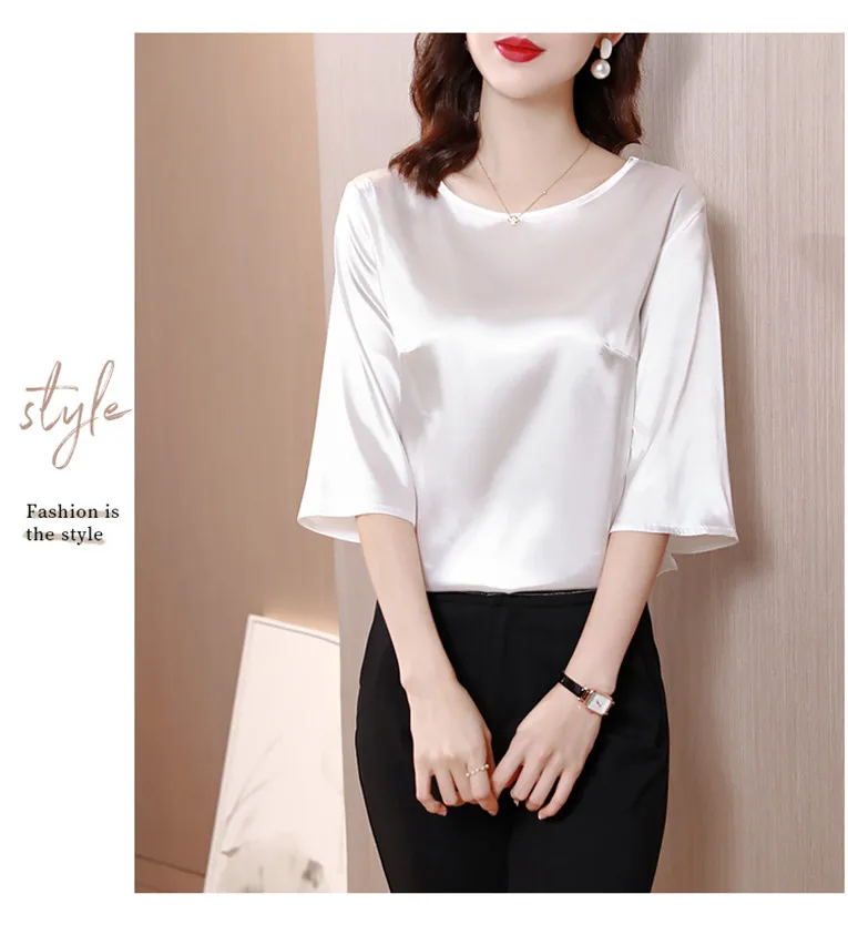 2026 Spring and Autumn New All-match O-neck Three-quarter Flared Sleeve Acetate Satin Blouse tops Basic Simple Ice Silk Shirts