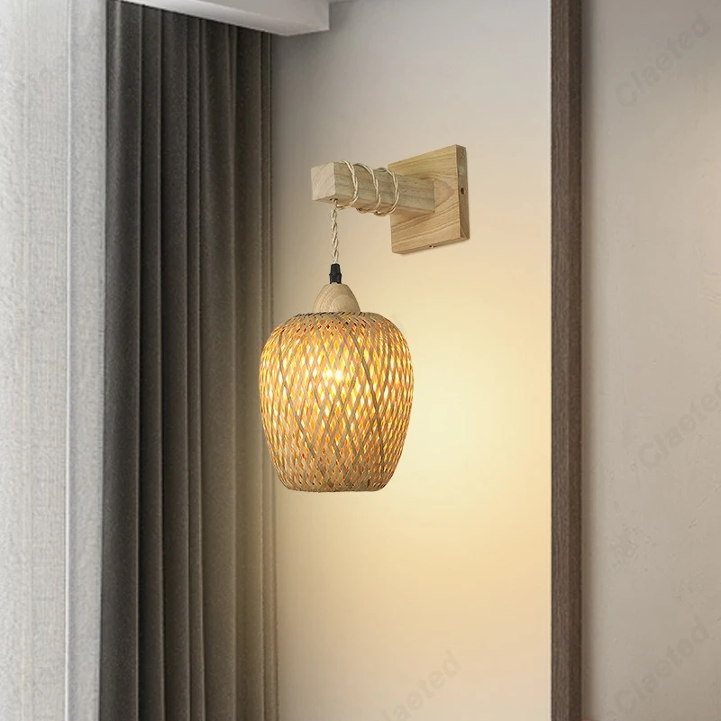 

Bamboo Rattan LED Japanese Wall Lamp Living Room Corridor Balcony Bedroom Bedside Decorative Lighting Lamps