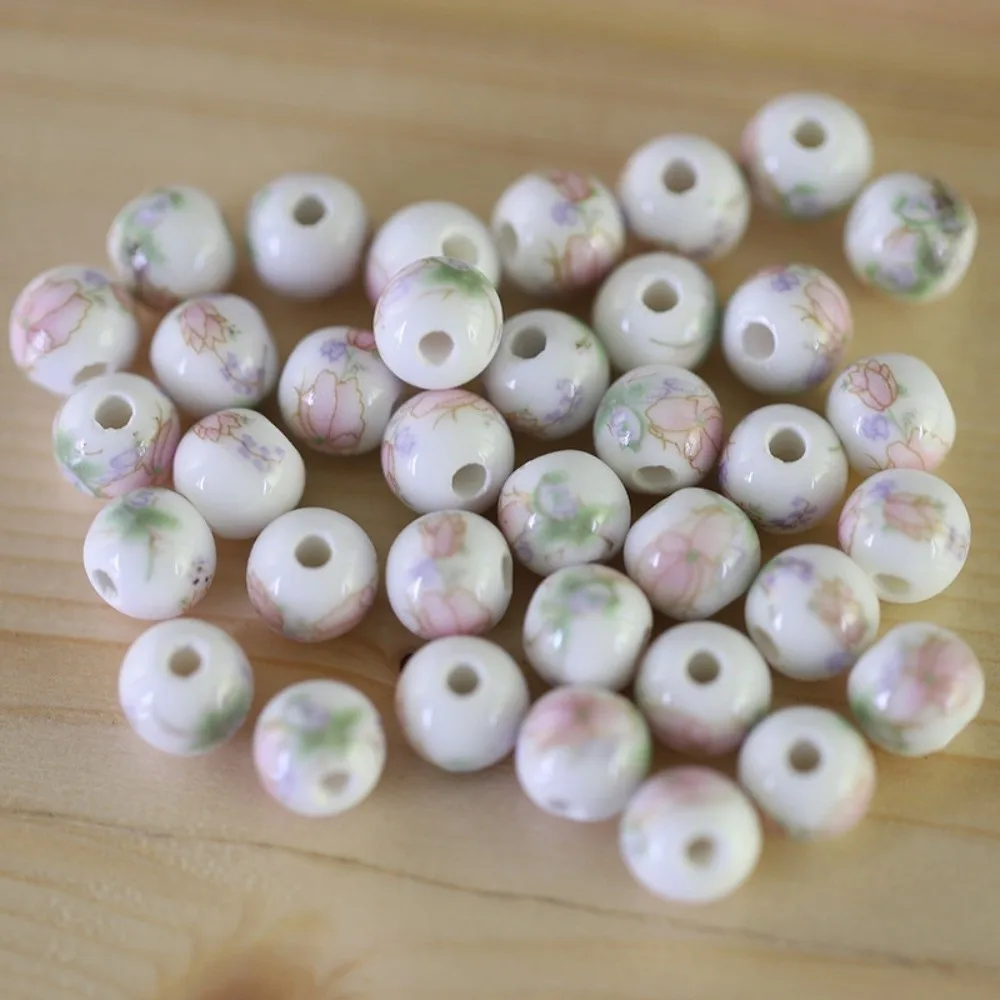 30pcs/set Creative DIY Ceramic Beads Round Ancient Style Chinese Style Beads Flowers Printed Loose Form Jewelry Making