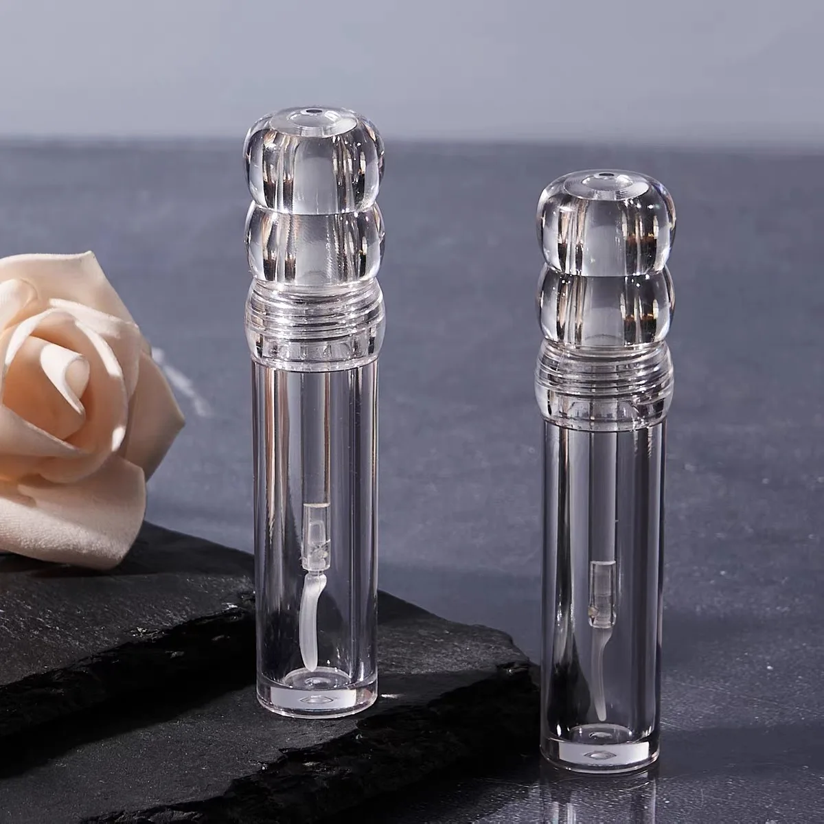 50pcs New All Transparent 3ML Empty Gourd Lip Gloss Bottle Round Makeup Packaging Clear Plastic Lipgloss Tube With Flat Brush