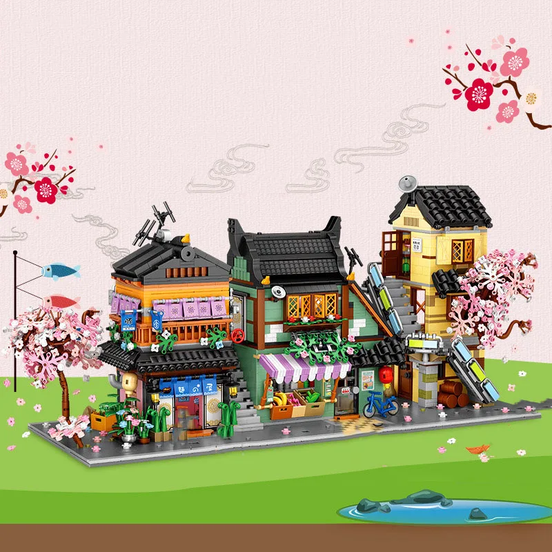

Japan 3in1 City Street View Mini Block Ramen Restaurant Apartment Fruit Vegetable Shop Construction Building Brick Idea Toys
