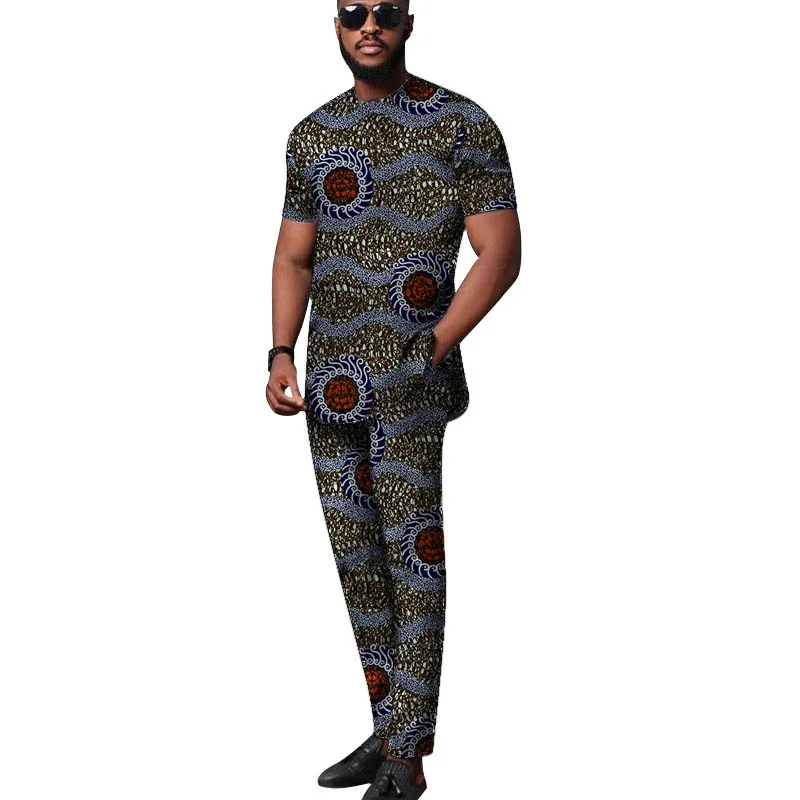 African Tops+Elastic Waist Trousers Male Groom Suit Nigerian Fashion Short Sleeves Men\'s Sets Party Wear