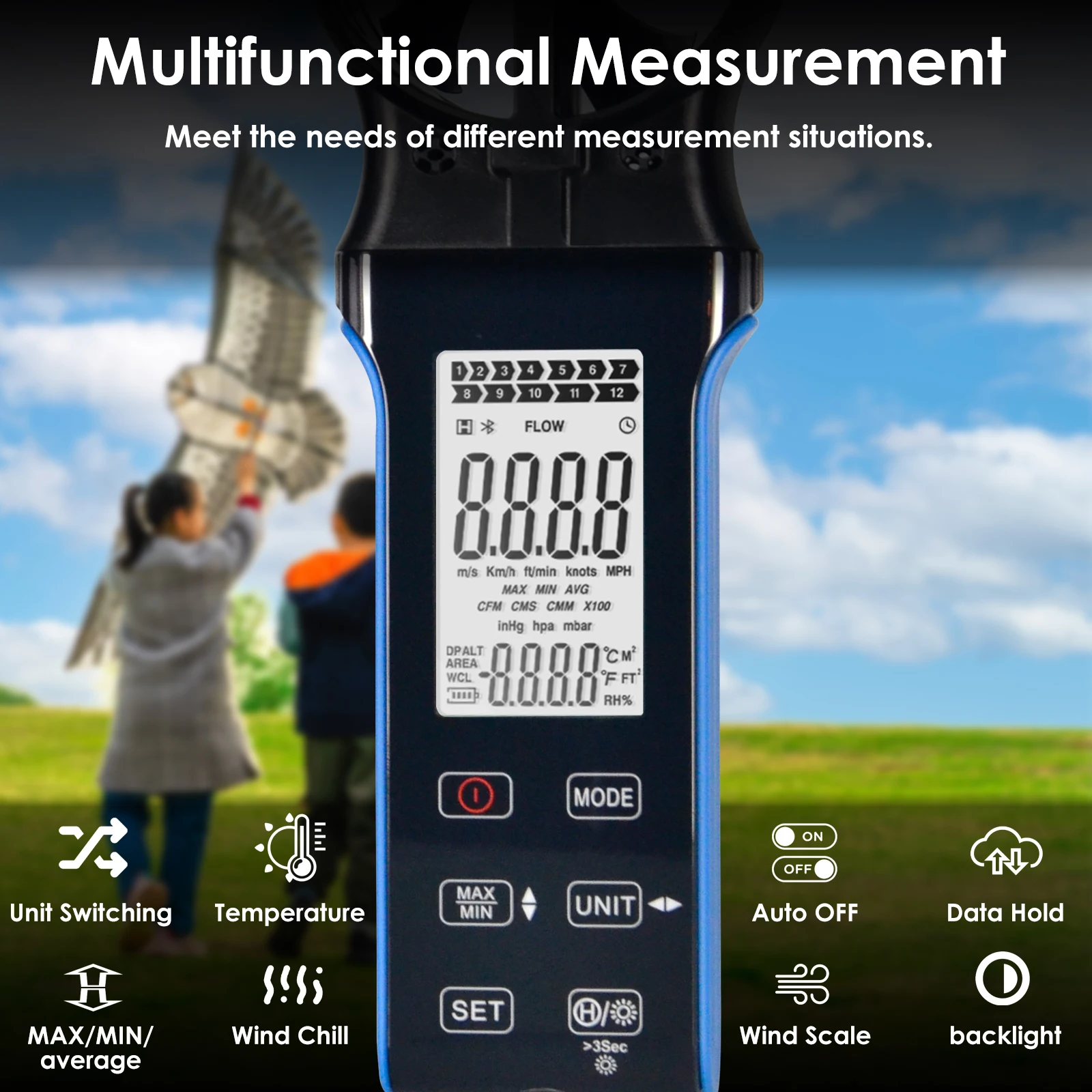 HP-5000D Handheld CFM Wind Speed Meter,HVAC Anemometer, Rotatable Wind Sensor, Measure Air Flow Velocity, Wind Volume, HP-5000D