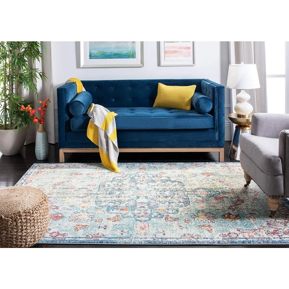 SAFAVIEH Madison Collection Area Rug - 10' x 14', Navy & Light Blue, Boho Chic Medallion Distressed Design, Non-Shedding