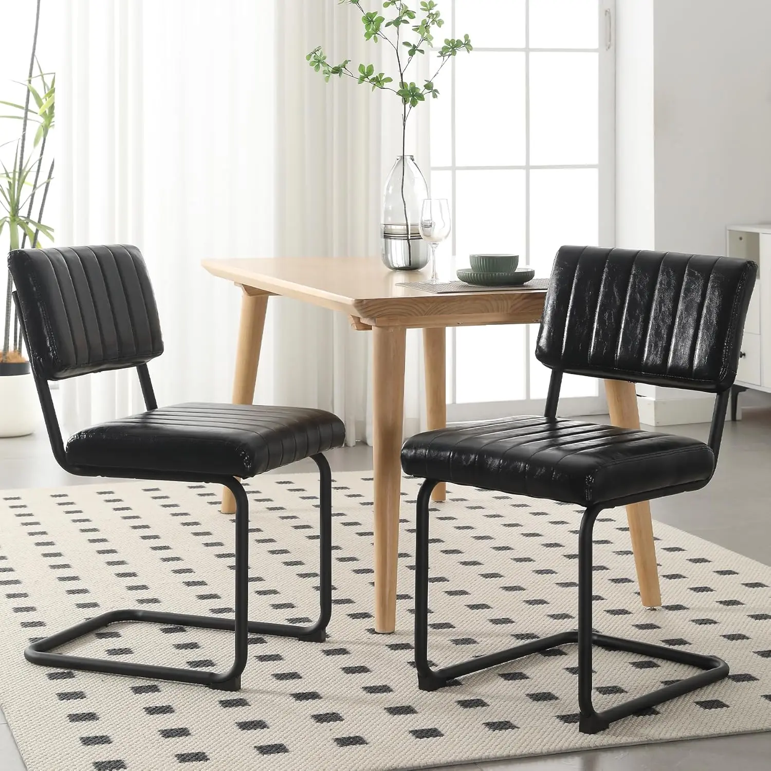 Dining Chairs Set of 2, Black Upholstered Kitchen Dining Chairs, Black Metal Legs Accent Chairs