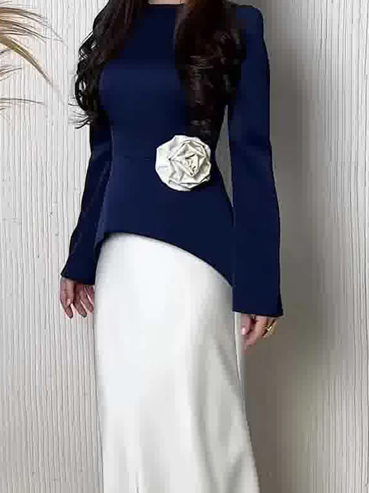 

Elegant O-neck Long Sleeve Tops&Half Skirts 2 Piece Sets Temperament Simple Slim Set Fashion Color Blocked Satin Women's Outfits