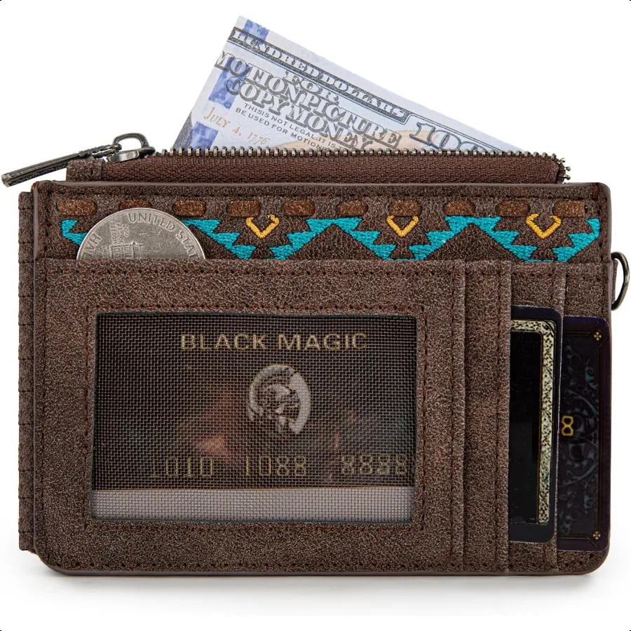 X Wrangler Small Card Wallet Women Fringe Small Wallet with Wristlet Strap RFID Slim Card Holder Ladies Wallet with ID Window