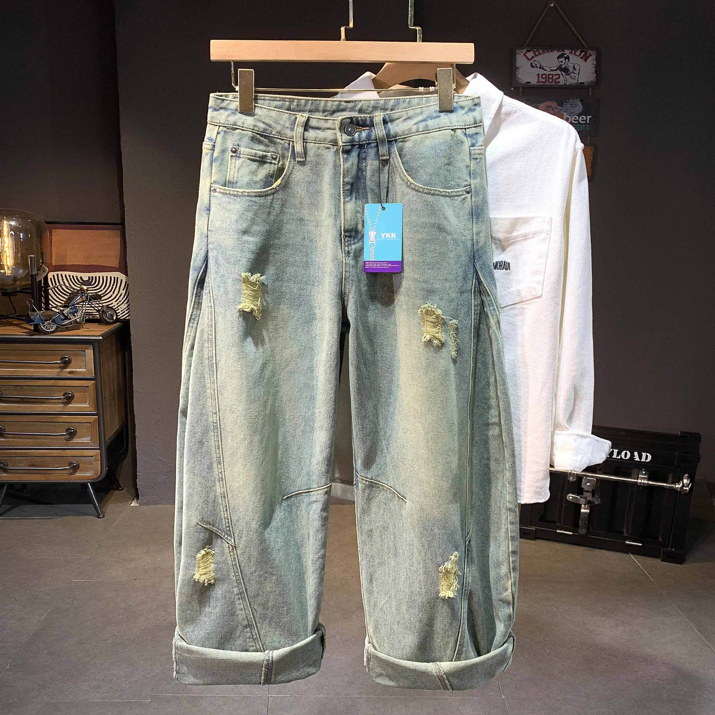 

Broken Holes Vintage Blue Jeans Men Wide Leg Baggy Fitting Denim Pants For Male