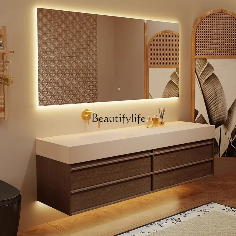 

Medieval style rock slab hot bending seamless ceramic integrated basin honeycomb aluminum bathroom cabinet combination toilet
