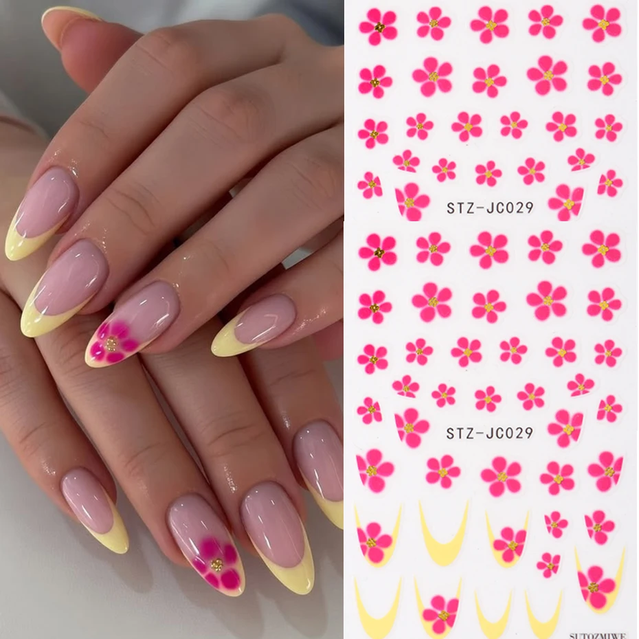 

Rose Red Pink Floral Embossed Nail Stickers - Self-Adhesive Nail Art Sliders with French Line Design For Summer DIY Nail Decor