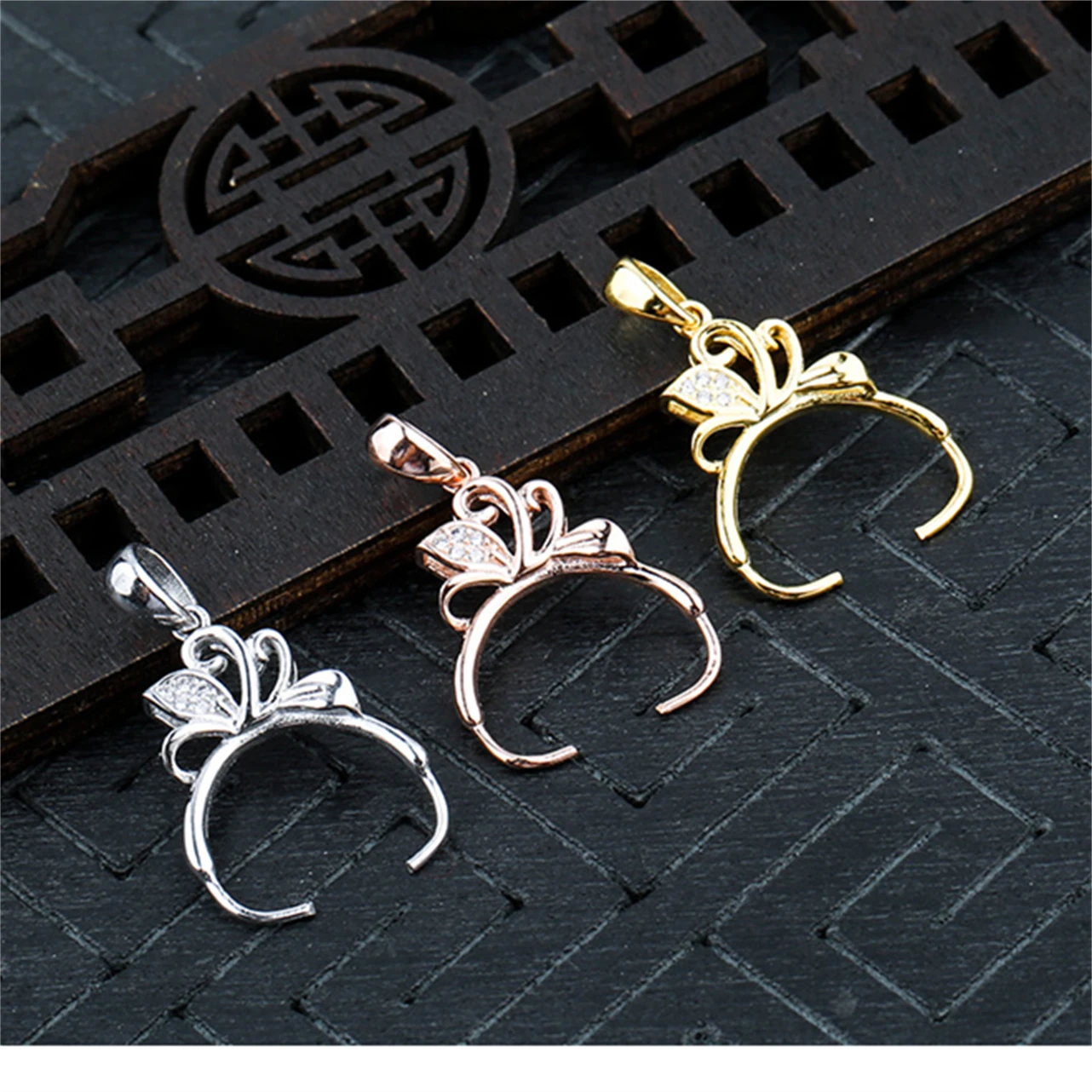 

S925 Sterling Silver Pendant Setting For Womens Needle Buckle Round 12-14mm Pearl Honey Wax Amber DIY Setting Jewelry Wholesale
