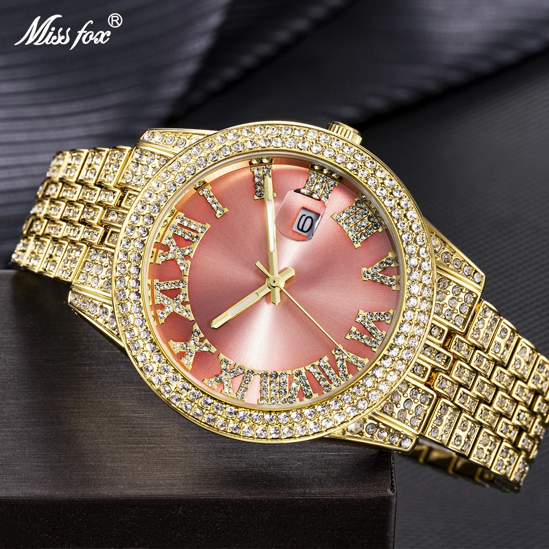 MISSFOX Watch For Women Elegant Luxury Stainless Steel Iced Out Ladies Quartz Reloj Diamond Calendar Luminous Men Wrist Watches