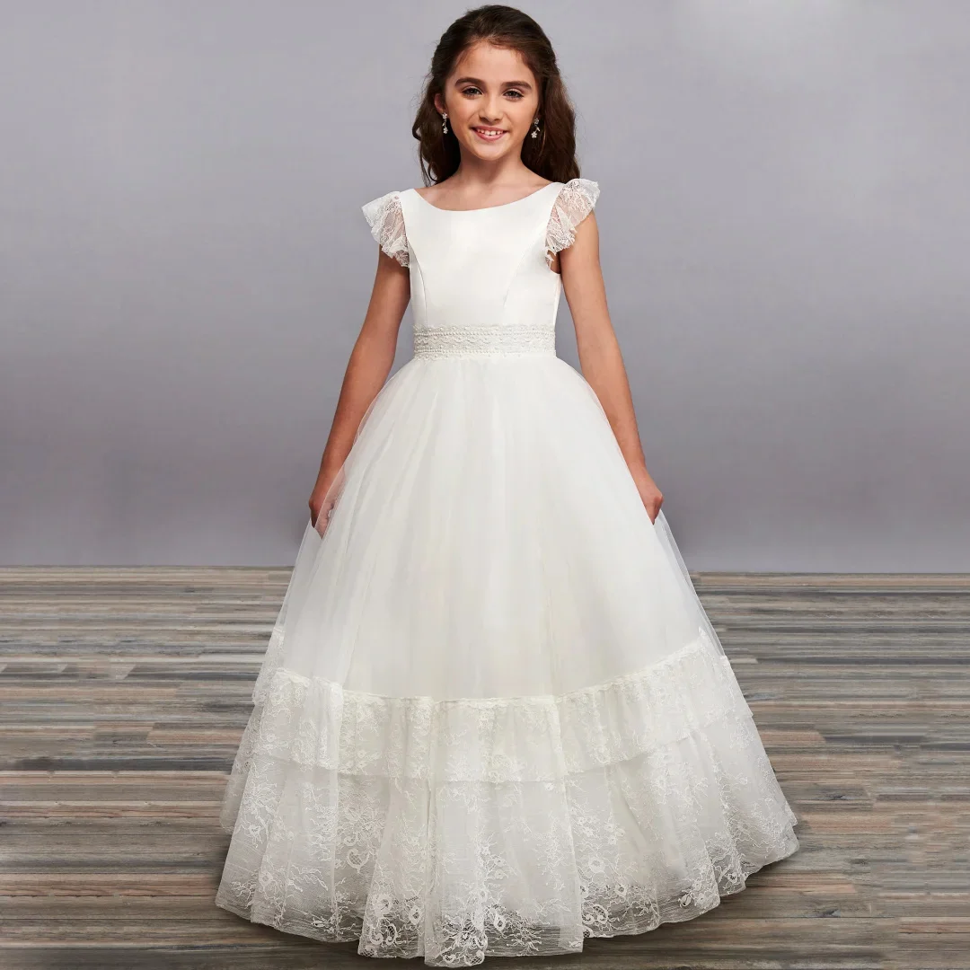 Maßgeschneidertes elfenbeinfarbenes Blumenmädchenkleid für die Hochzeit, bodenlanges Kleid mit Applikationen, Tüll, Prinzessin, Brautjungfer, Quinceanera, Fotoshooting-Kleid