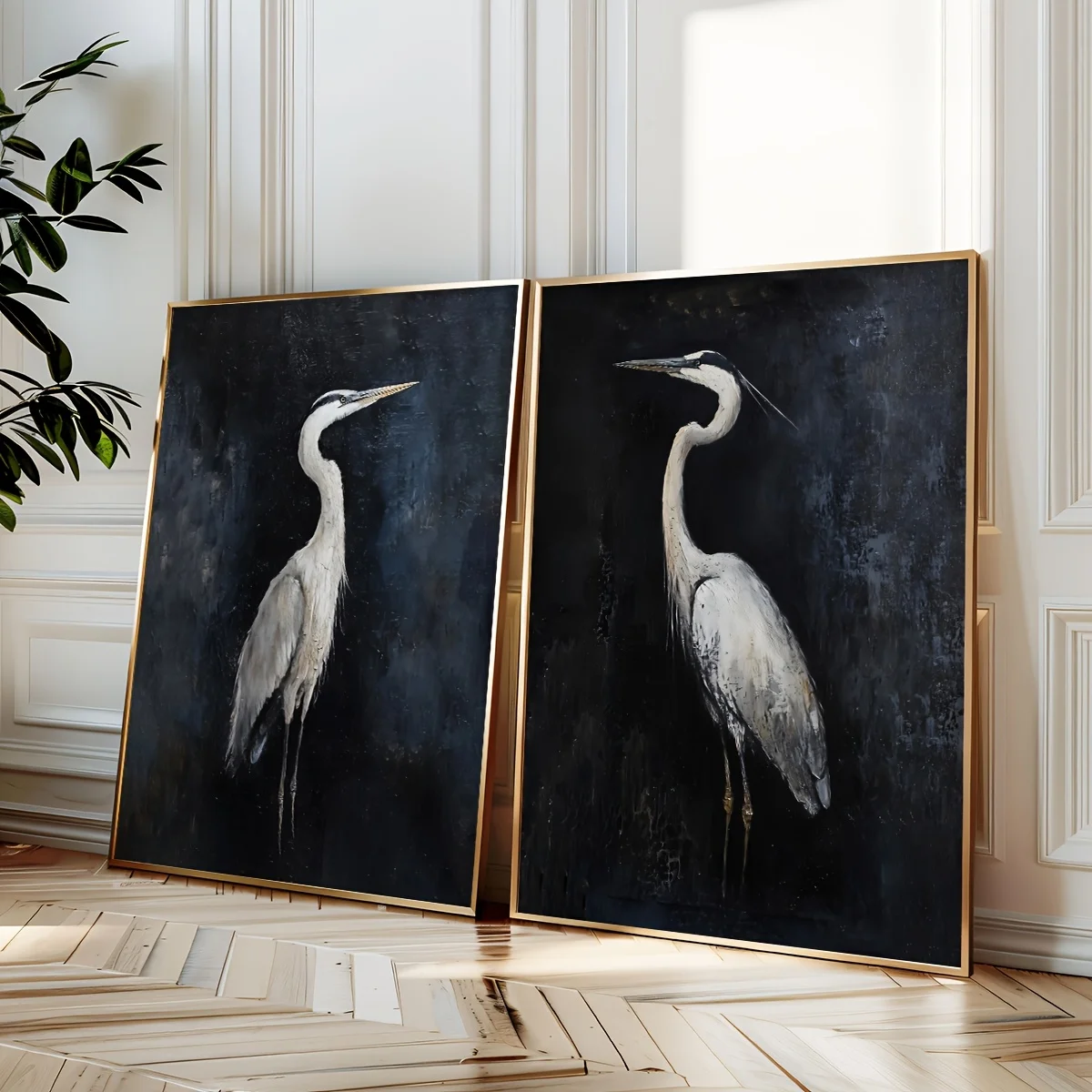 2pcs/set Black Heron Art Canvas Poster Retro Flying Crane Couple Animal Wall Art Prints for Modern Living Room Home Decor Gifts