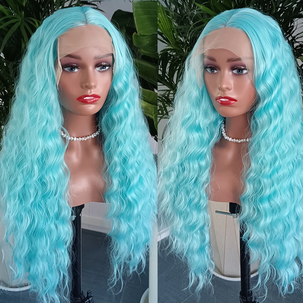 RONGDUOYI Light Blue Curly Long Lace Front Wig Synthetic Heat Resistant Fiber Natural Hairline Middle Part Teal Women Wig